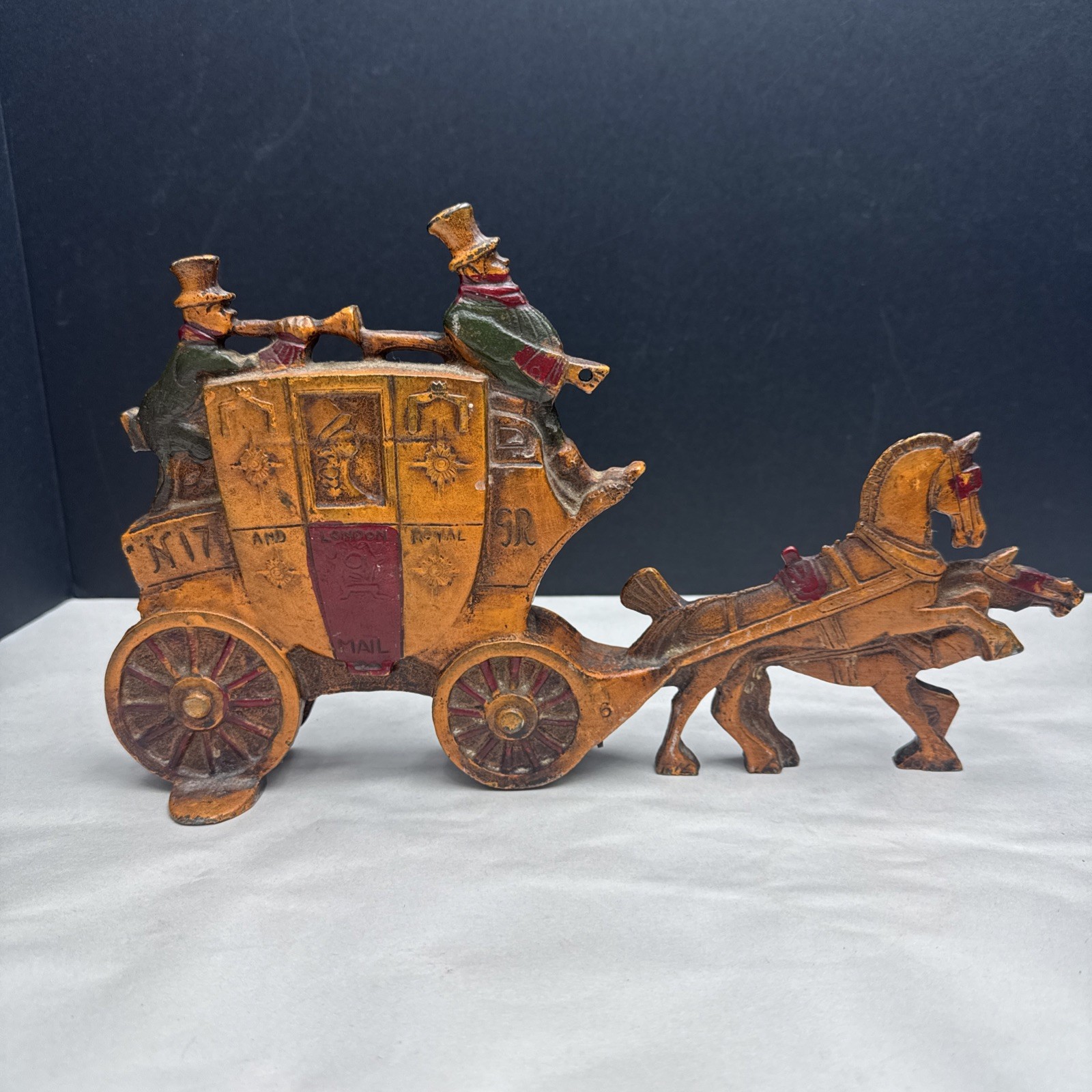 Antique 1930s Royal Mail London Coach Painted Cast Iron Doorstop Double Sided.