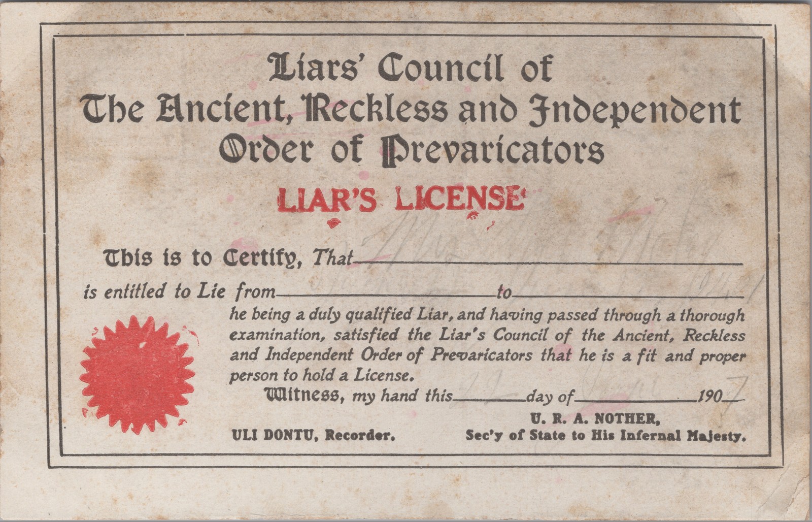 Liar\'s License Comic Novelty Postcard c1907 Order of Prevaricators Humor