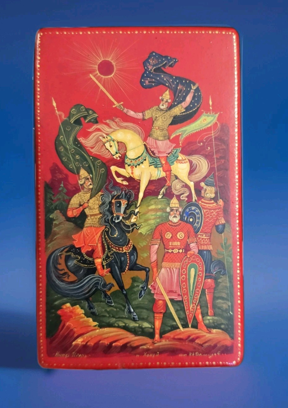 Vintage 1978 Kholui Russian HP Red Lacquer Box Prince Igor In Original Box COA Vintage 1978 Kholui Russian HP Red Lacquer Box Prince Igor In Original Box COA