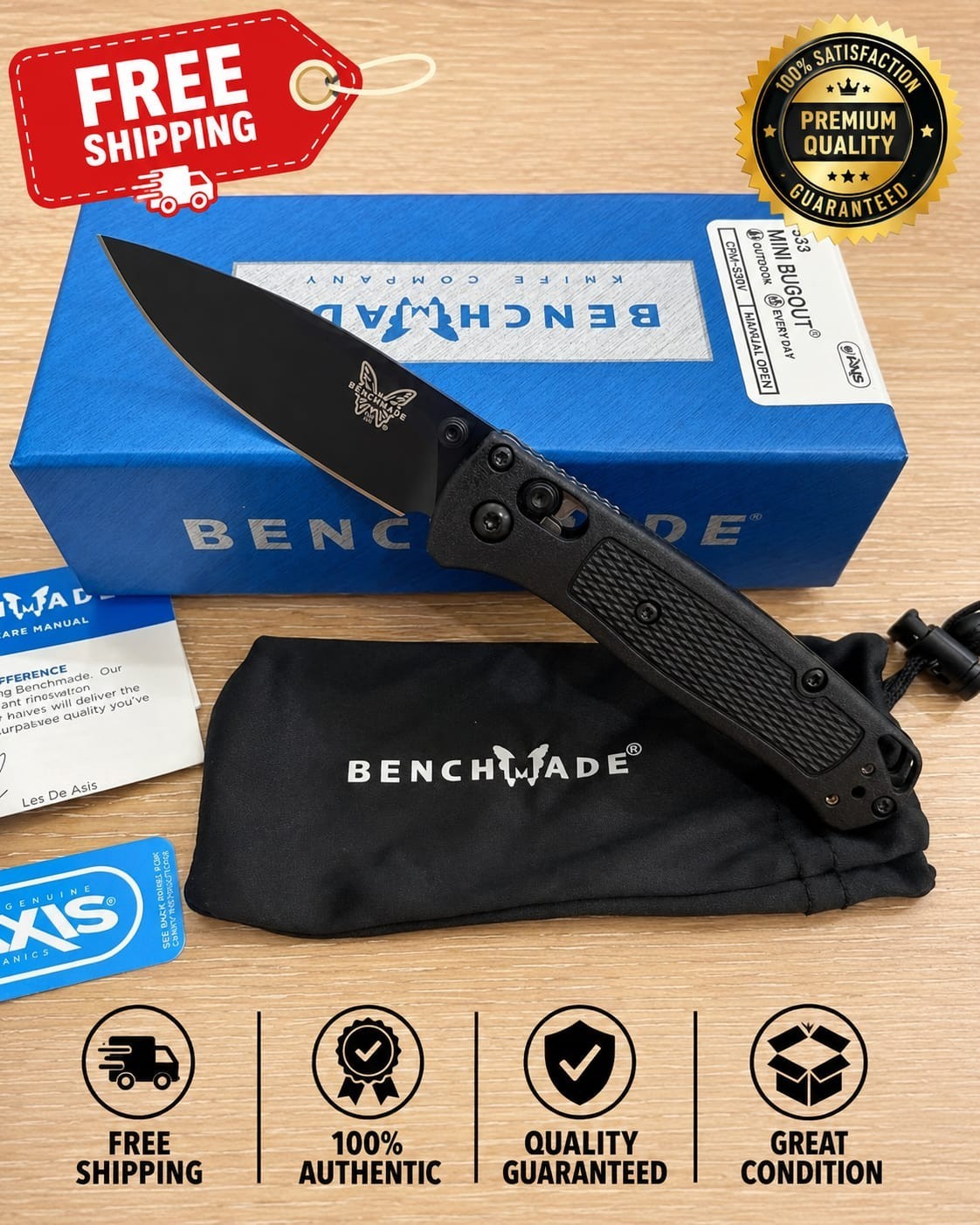 Benchmade 533 Mini Bugout Black Grivory Handle Folding Knife USA