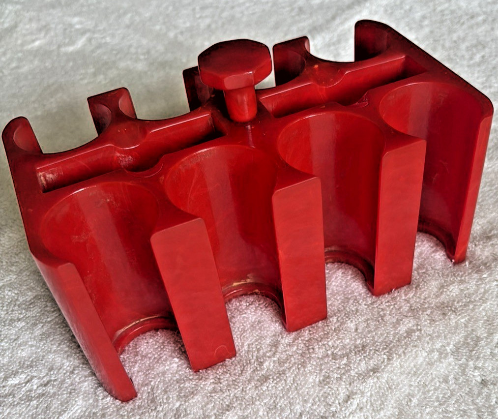 Vintage Red Bakelite Catalin Poker Chip Caddy Holder Yellow Swirl- 795 grams Vintage Red Bakelite Catalin Poker Chip Caddy Holder Yellow Swirl- 795 grams