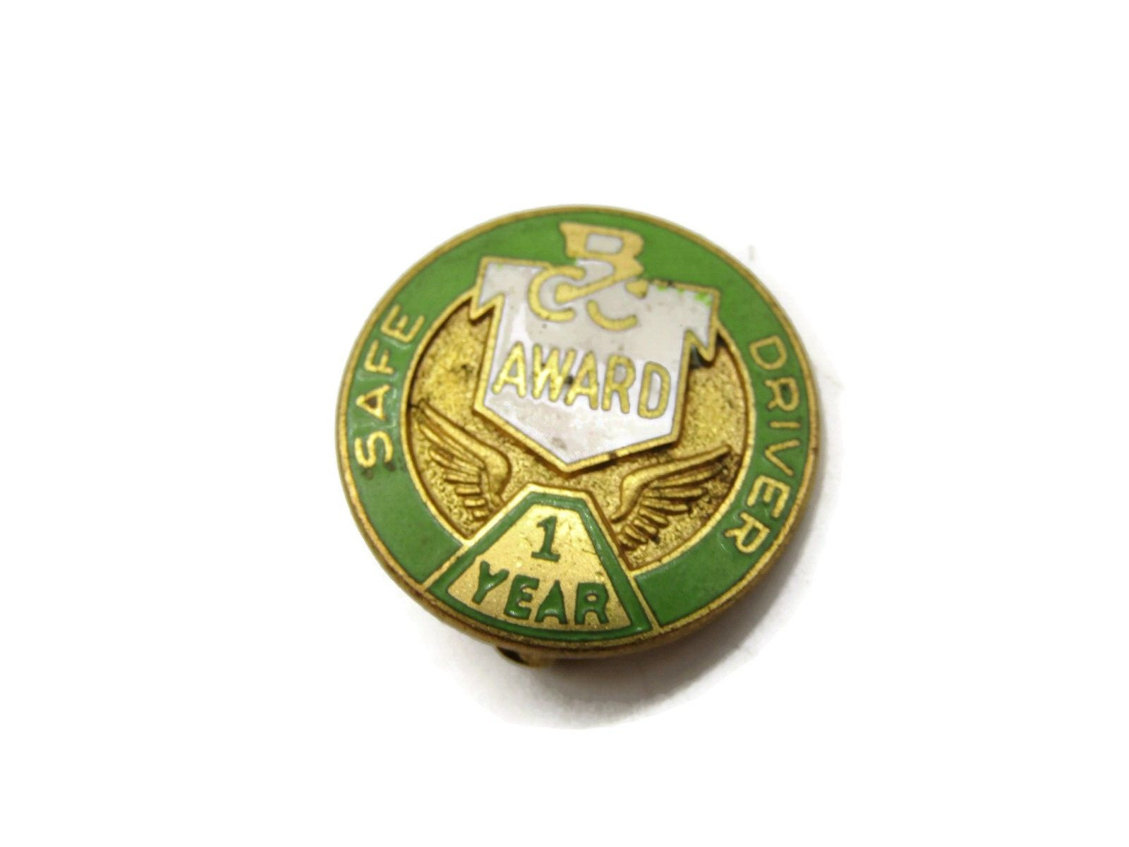 Vintage BCC Safe Driver Award 1 Year Pinback Green Gold Enamel Winged Lapel Pin Vintage BCC Safe Driver Award 1 Year Pinback Green Gold Enamel Winged Lapel Pin