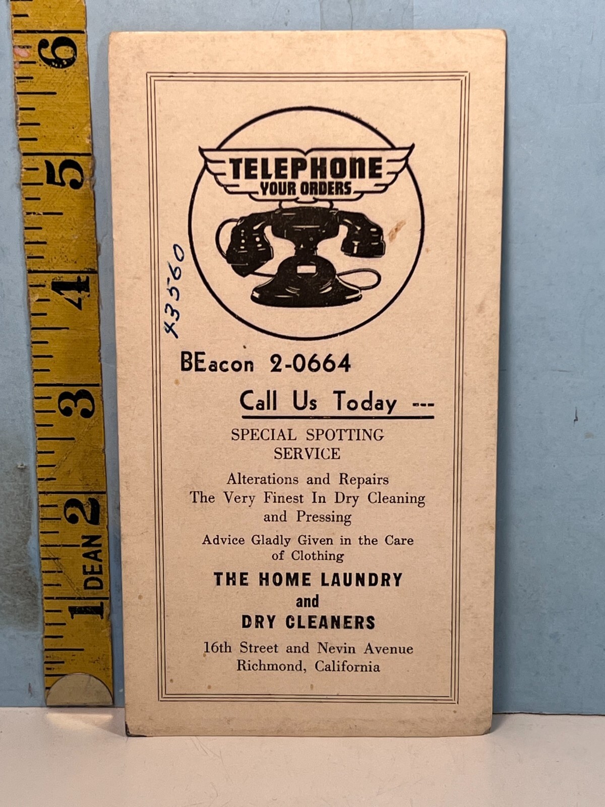 1930\'s Telephone Orders The Home Laundry & Dry Cleaners Blotter Card