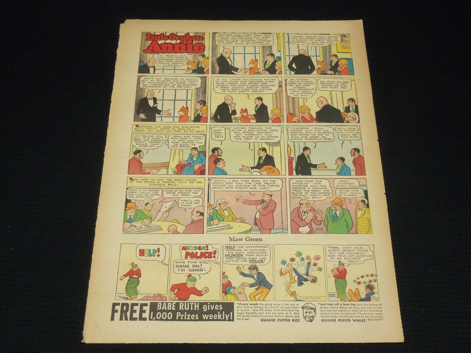 1934 BABE RUTH QUAKER PUFFS COLOR COMICS AD - LITTLE ORPHAN ANNIE - NP 1847F