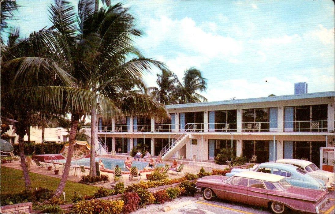 Miami Florida - Biscayne Plaza Motel Pool and Palm Trees - Chrome Postcard 1964