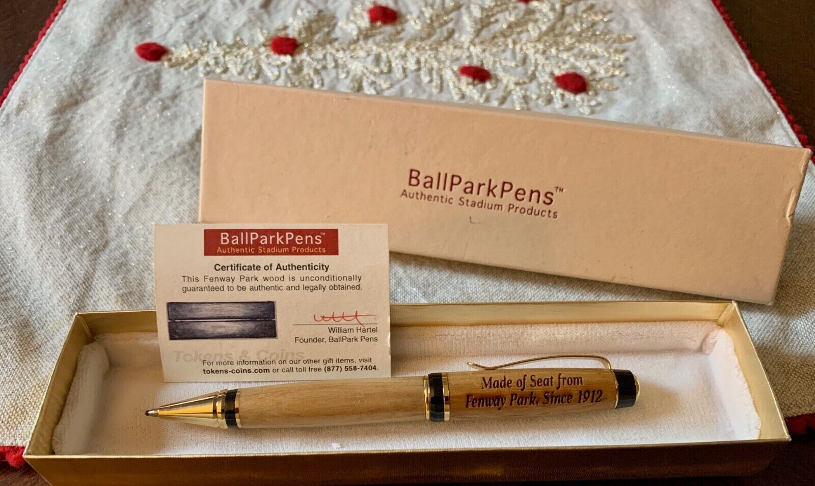 Fenway Park Pen made from Fenway Bench Wood, Gold Trim, w/COA, 