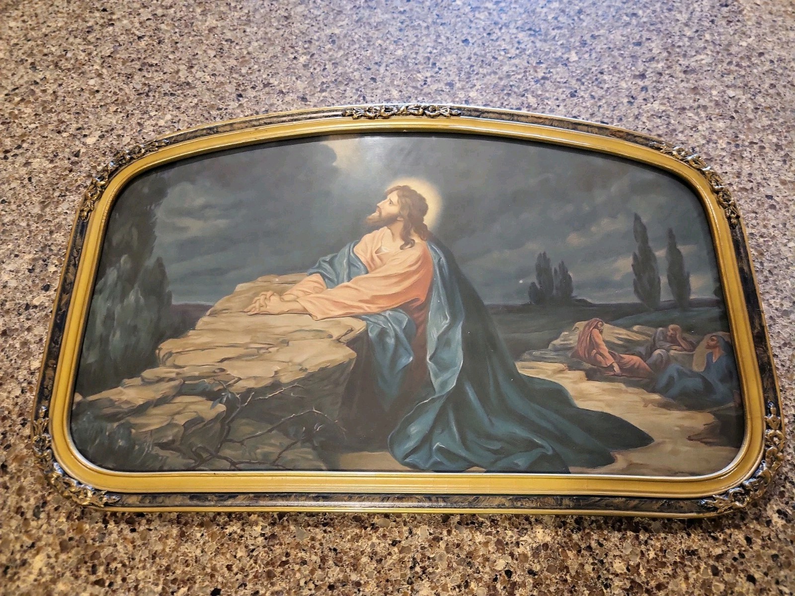 Jesus Praying Garden Gethsemane Litho Print W/ Antique Gold Frame 1940s Vintage Jesus Praying Garden Gethsemane Litho Print W/ Antique Gold Frame 1940s Vintage