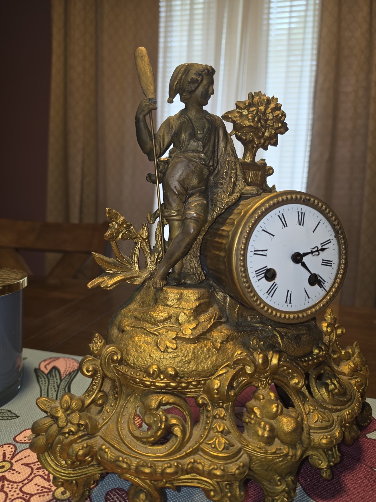 Antique Japy Frères French Figural Mantel Clock Gilt Spelter 8-Day Bell Strike