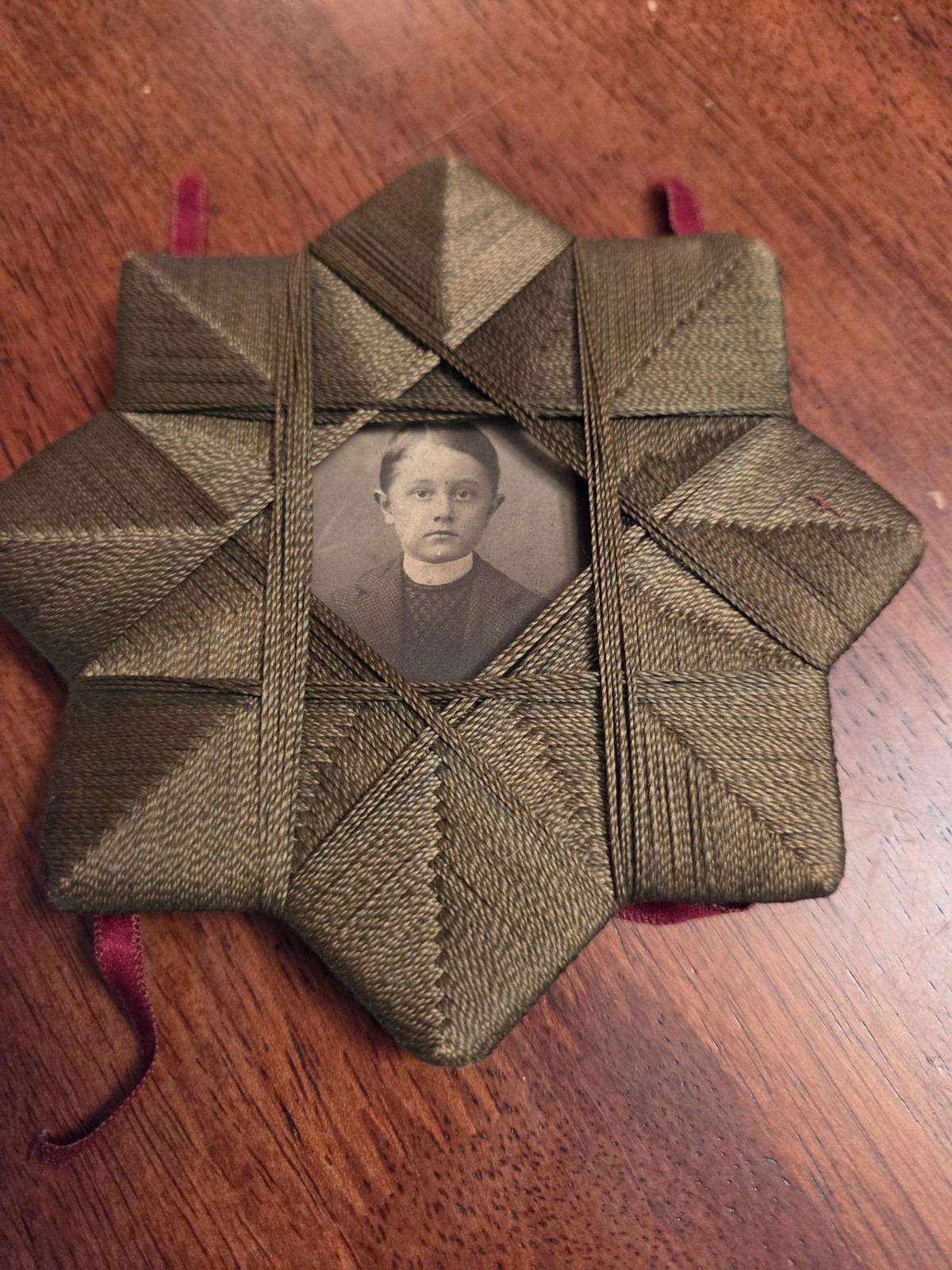 Antique Victorian Tramp Art Threaded Silk Starburst Frame Young Boy Photo Antique Victorian Tramp Art Threaded Silk Starburst Frame Young Boy Photo