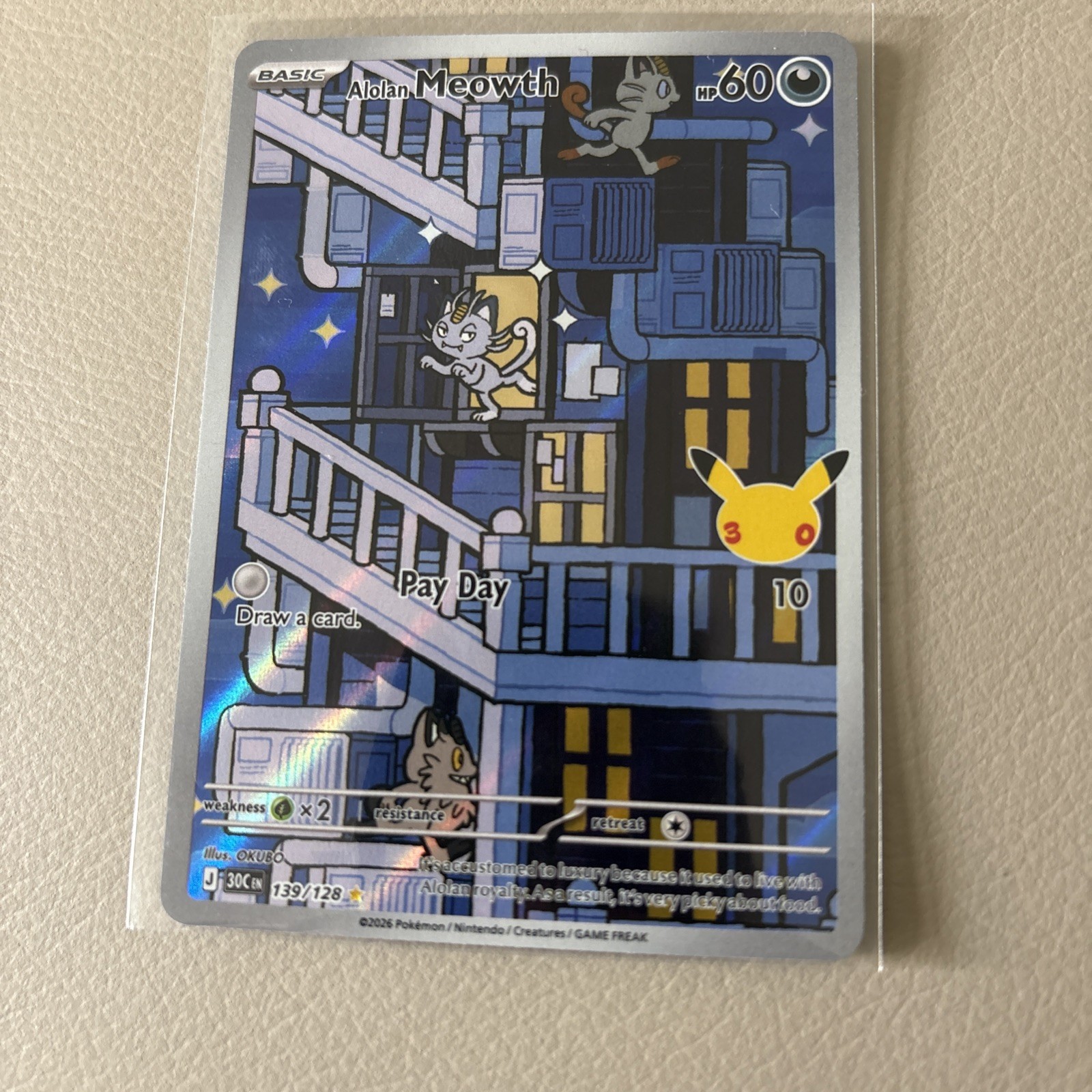 Pokemon TCG Alolan Meowth 139/128 Illustration Rare Holo Full Art English