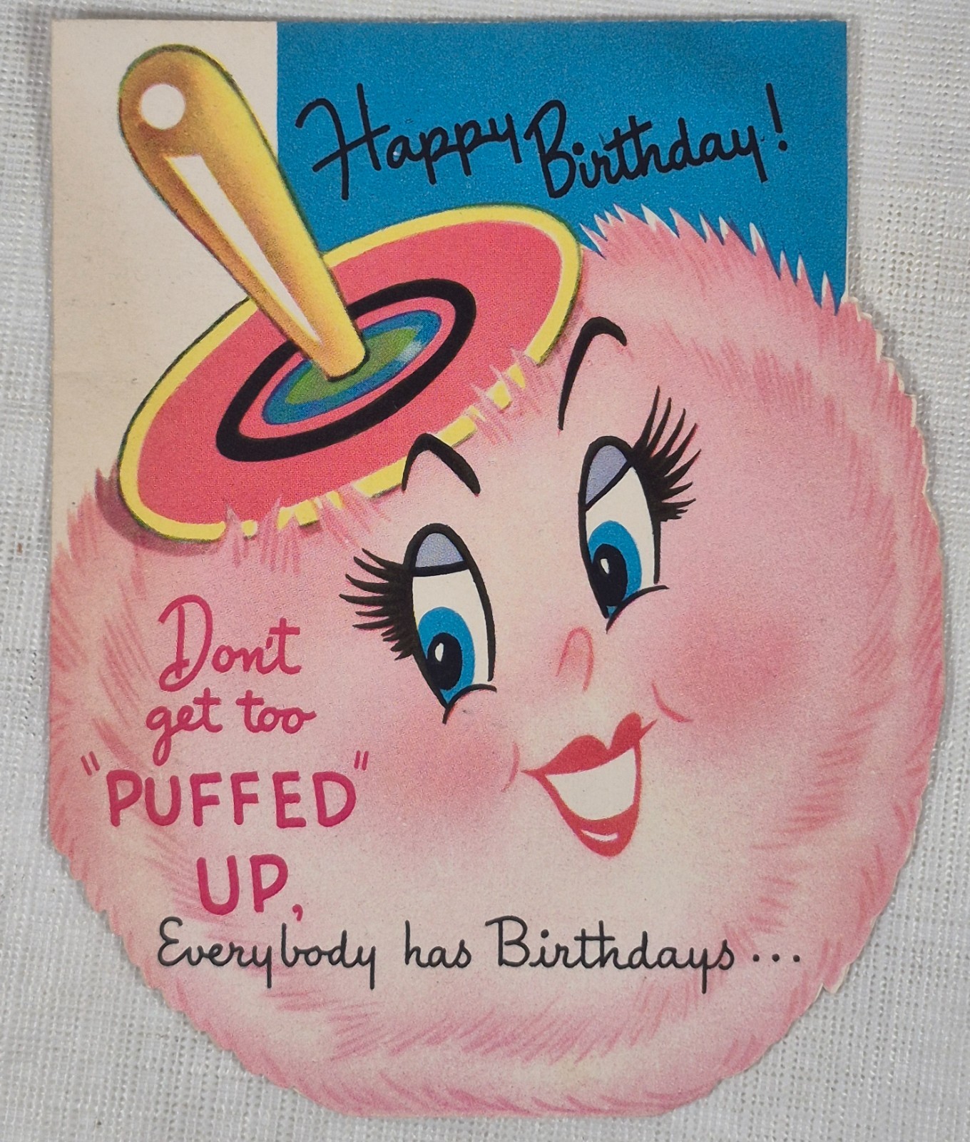 Vintage Anthropomorphic Powder Puff Die Cut Birthday Card 1952 Vintage Anthropomorphic Powder Puff Die Cut Birthday Card 1952