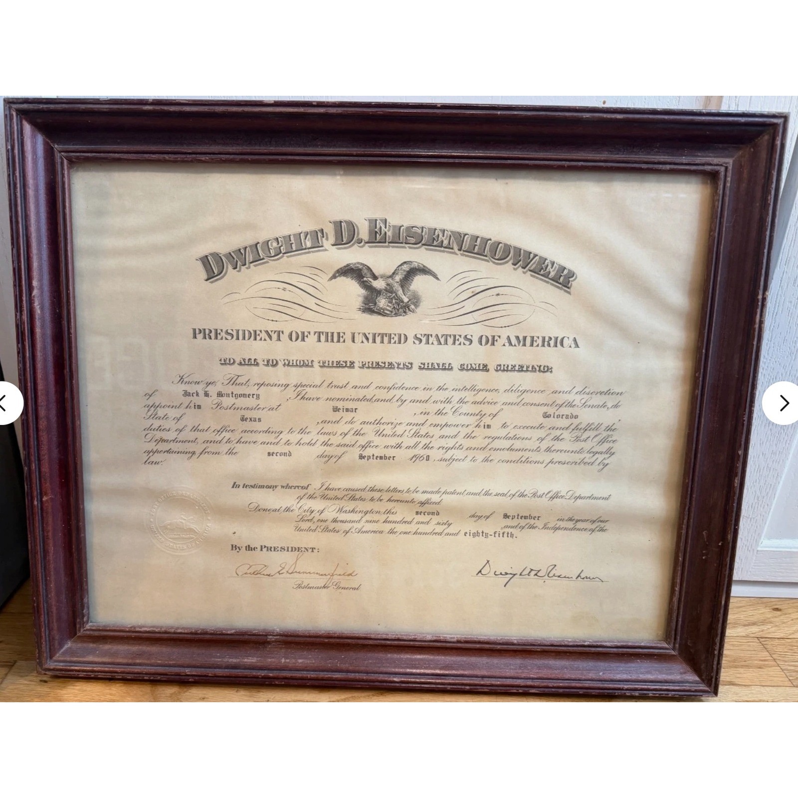 Vintage Dwight D Eisenhower Signed Postmaster Appointment Document Framed 1960