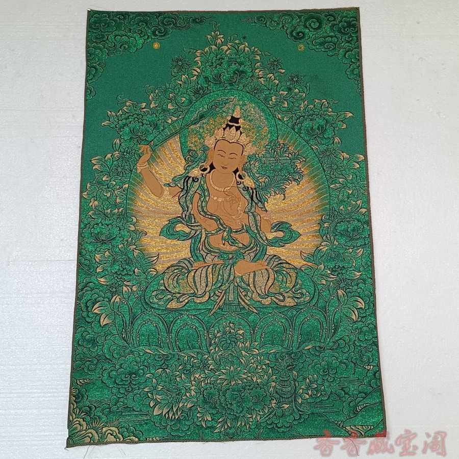 Tibetan Thangka Embroidery Manjushri Buddha Gold Stitched Wall Art 90x60cm