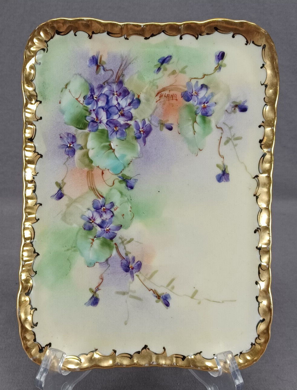 Limoges Hand Painted Artist Signed Violet Flowers & Gold Small Dresser Tray Limoges Hand Painted Artist Signed Violet Flowers & Gold Small Dresser Tray