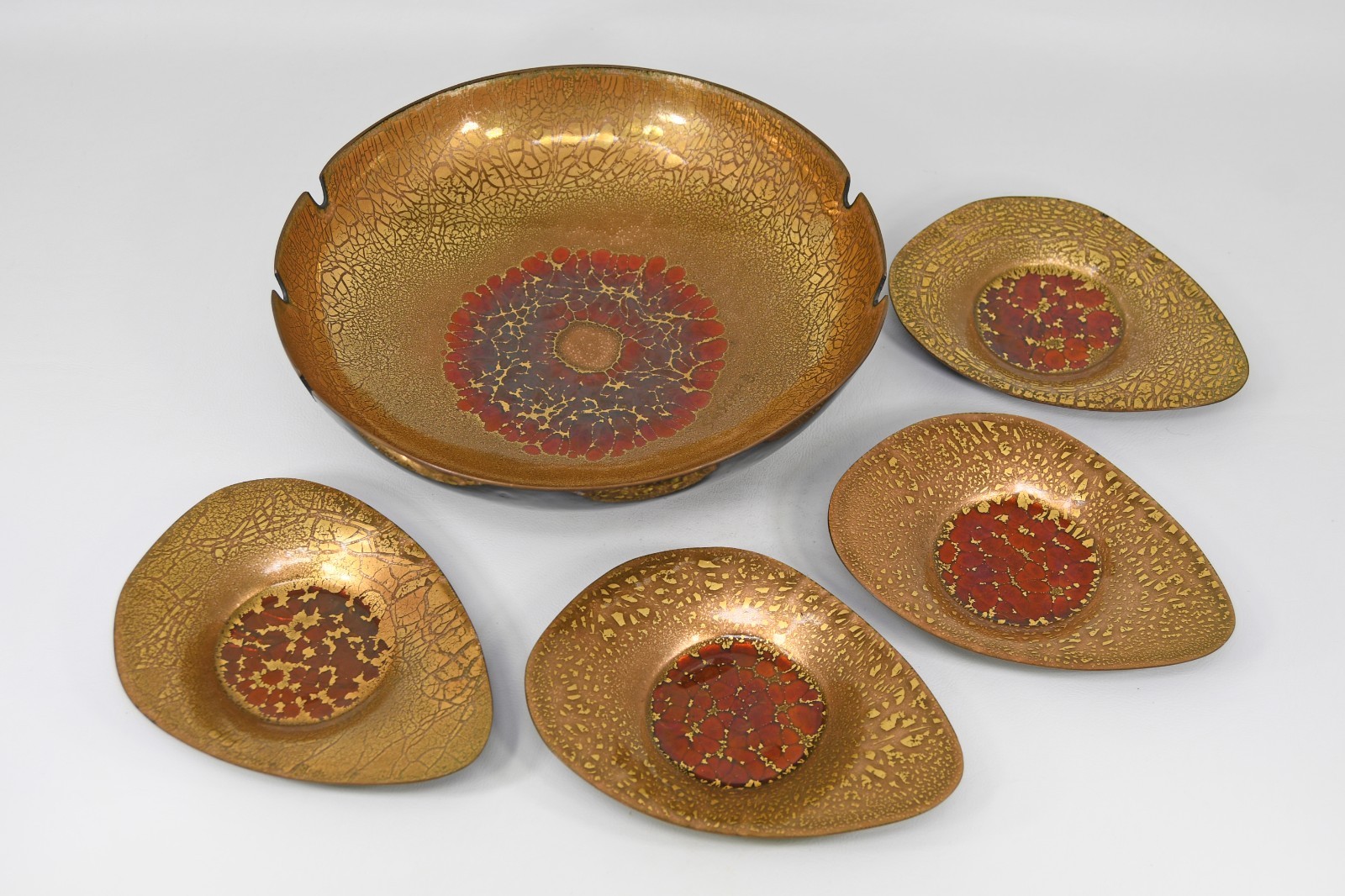 Sascha Brastoff Enameled Copper Ashtray Set Gold Orange Crackle Mid Century VTG Sascha Brastoff Enameled Copper Ashtray Set Gold Orange Crackle Mid Century VTG