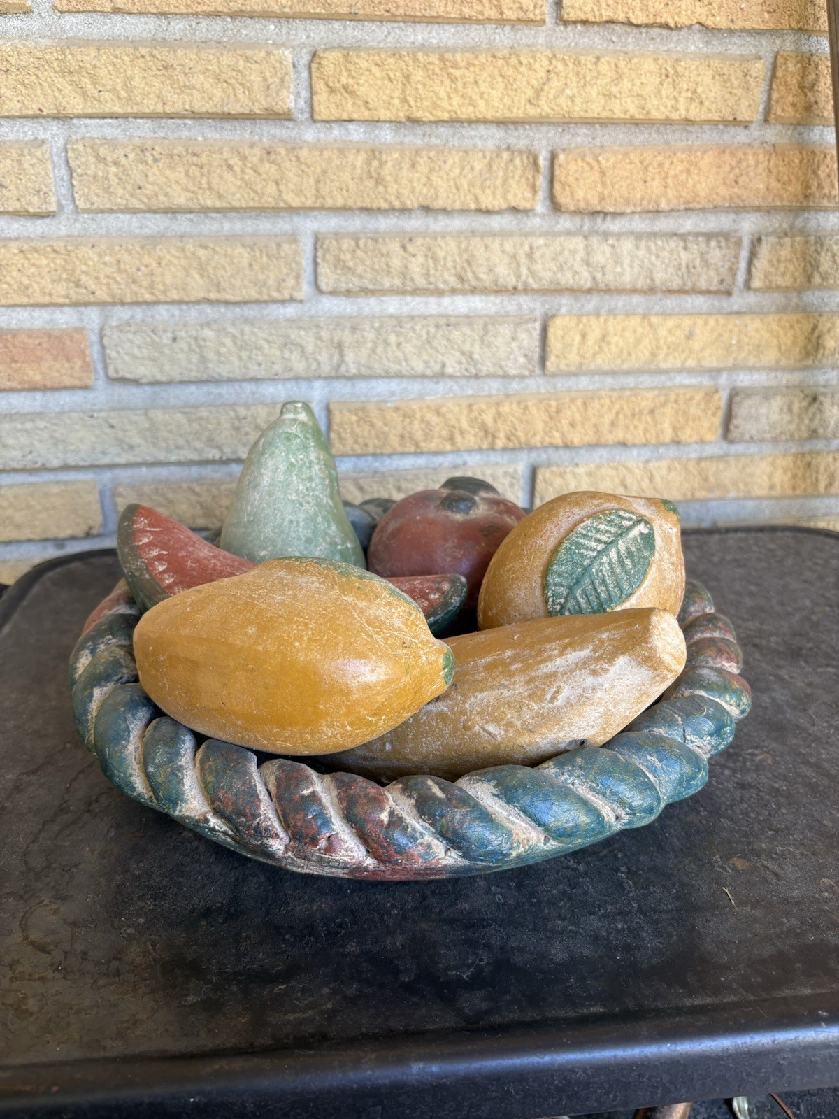 Vintage Terra-Cotta Mexican Clay Pottery Braided 13” Bowl 6 Pieces of Fruit Vintage Terra-Cotta Mexican Clay Pottery Braided 13” Bowl 6 Pieces of Fruit