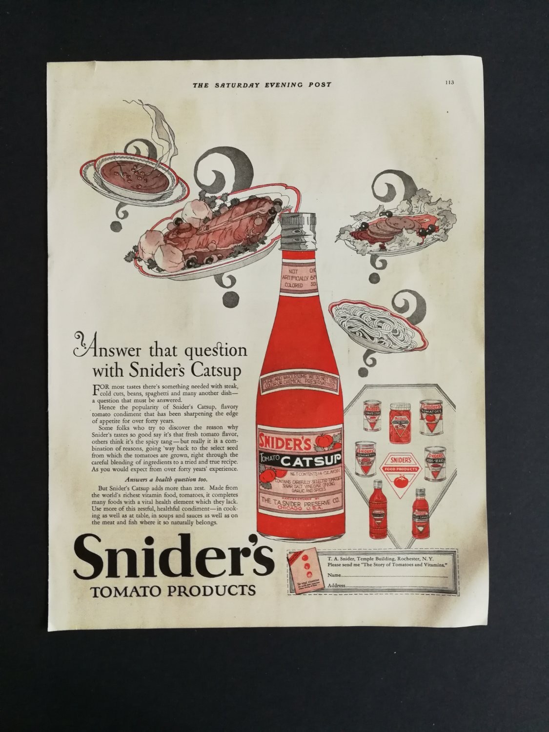 Vintage 1927 Snider\'s Tomato Catsup Ketchup Print Advertisement Ad