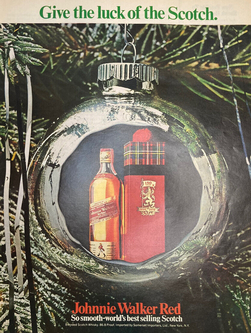 Vintage 1969 Johnnie Walker Red Christmas Ornament Print Ad - Collectible
