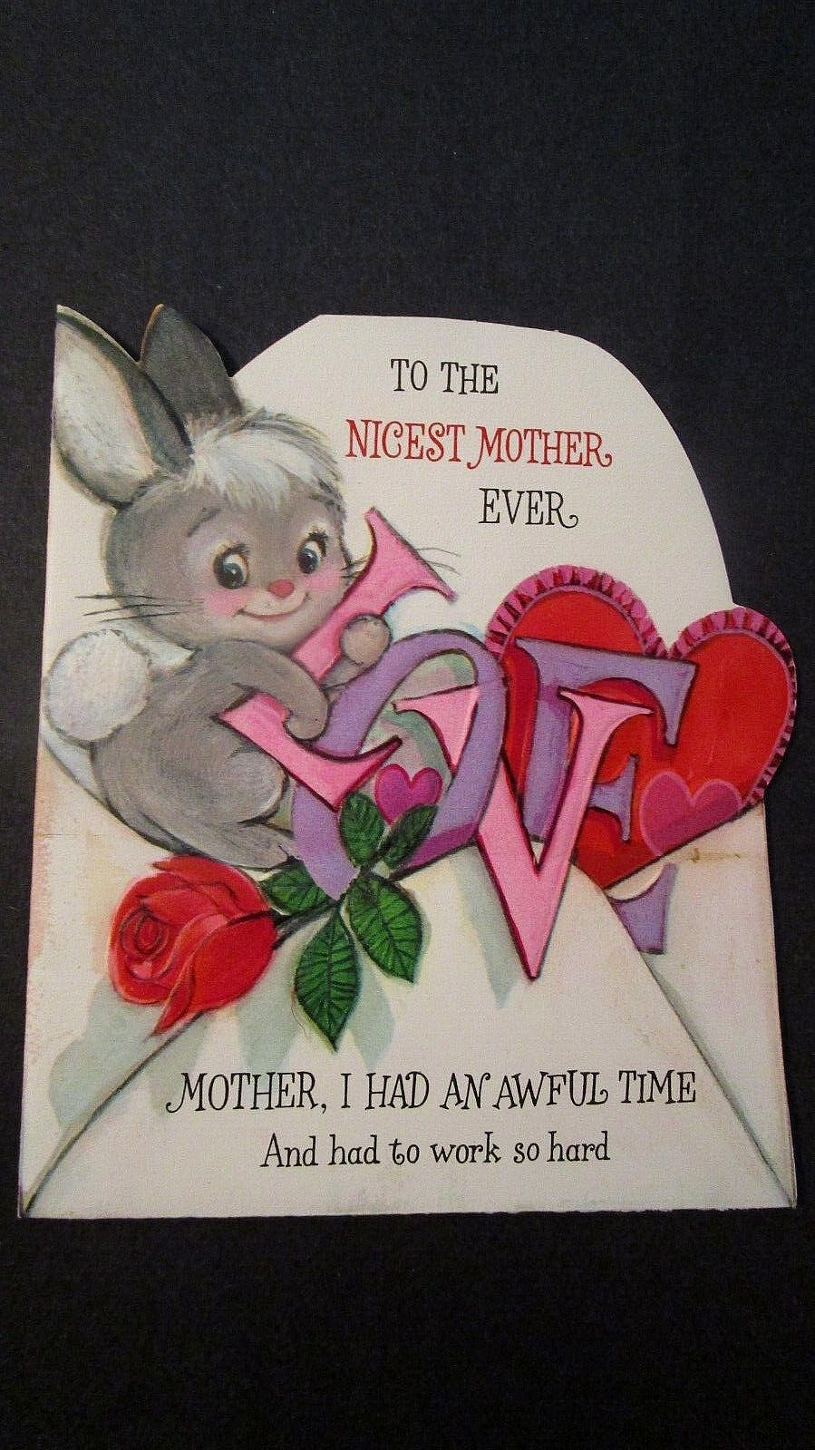 VINTAGE GREETING CARD MOTHER\'S DAY POP-UP Darling BABY BUNNY Hearts L-O-V-E
