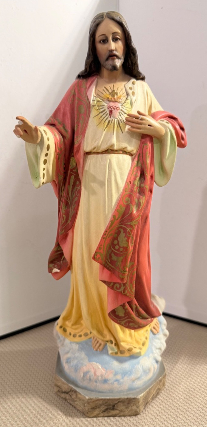 ~VINTAGE SPANISH OLOT SACRED HEART OF JESUS W/ GLASS EYES STATUE 12 1/4 ~VINTAGE SPANISH OLOT SACRED HEART OF JESUS W/ GLASS EYES STATUE 12 1/4