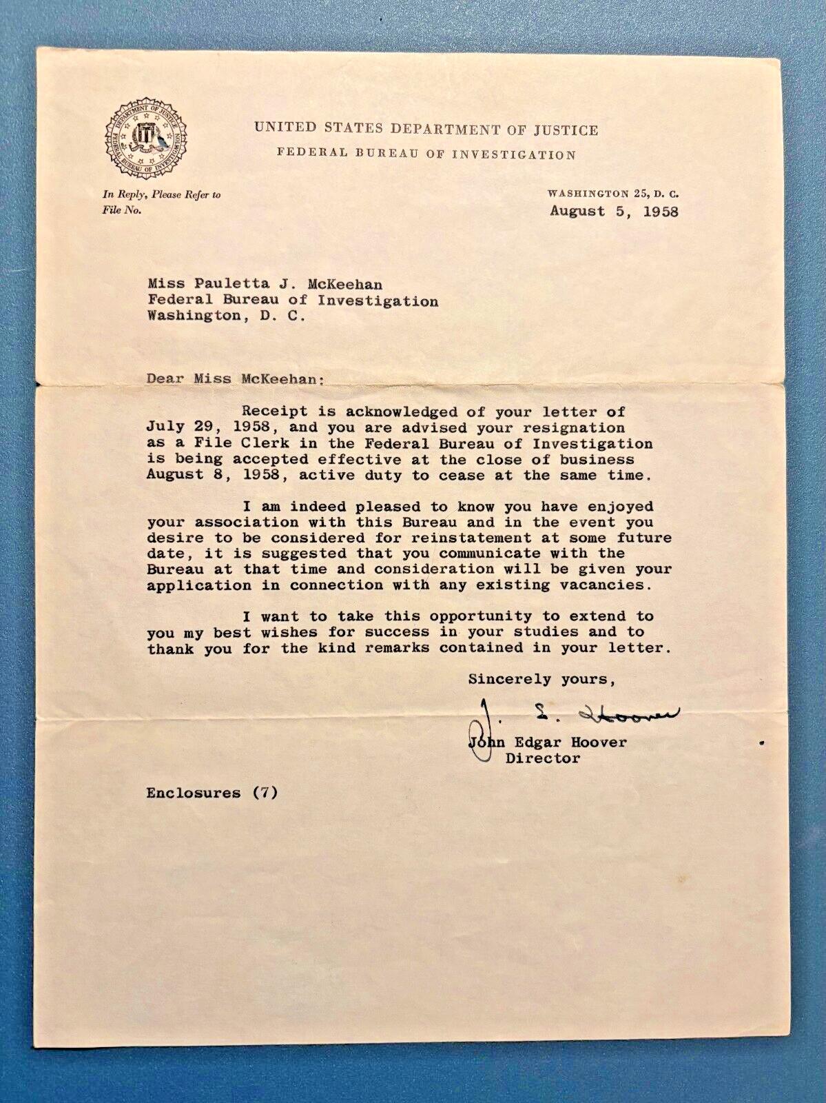 J Edgar Hoover Signed Letter AUTO August 5, 1958 on Official FBI Letterhead J Edgar Hoover Signed Letter AUTO August 5, 1958 on Official FBI Letterhead