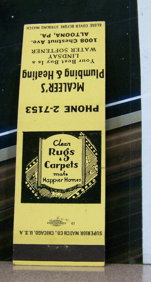 Vintage Matchbook Cover Y5 Altoona Pennsylvania McAleer Plumbing Heating Rugs Vintage Matchbook Cover Y5 Altoona Pennsylvania McAleer Plumbing Heating Rugs