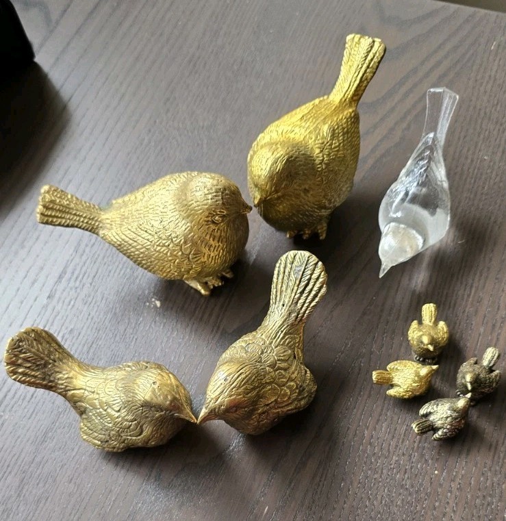 Antique LOT of 9 Brass Sparrow And Glass Bird Figurine Statue Solid Antique LOT of 9 Brass Sparrow And Glass Bird Figurine Statue Solid