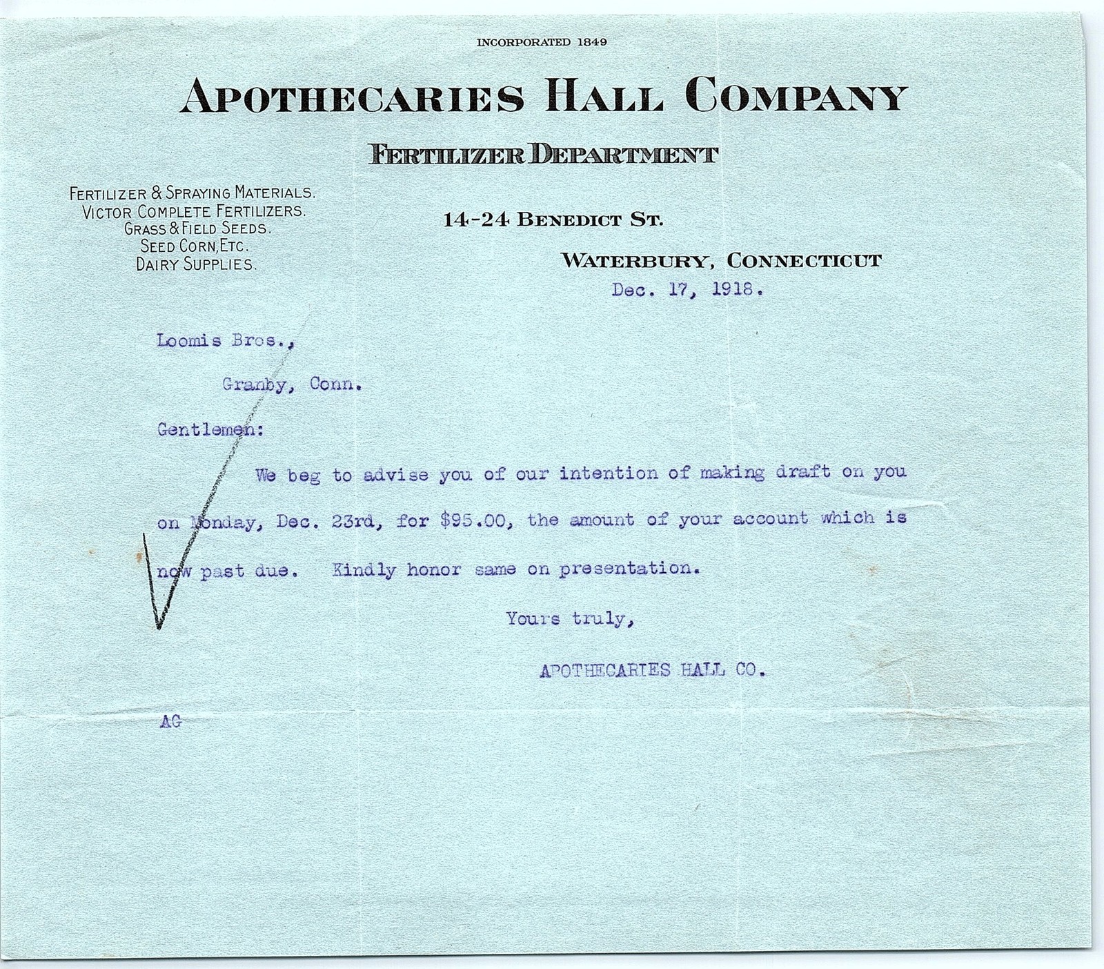 1918 Apothecaries Hall Co. Waterbury CT billhead draft 1918 Apothecaries Hall Co. Waterbury CT billhead draft