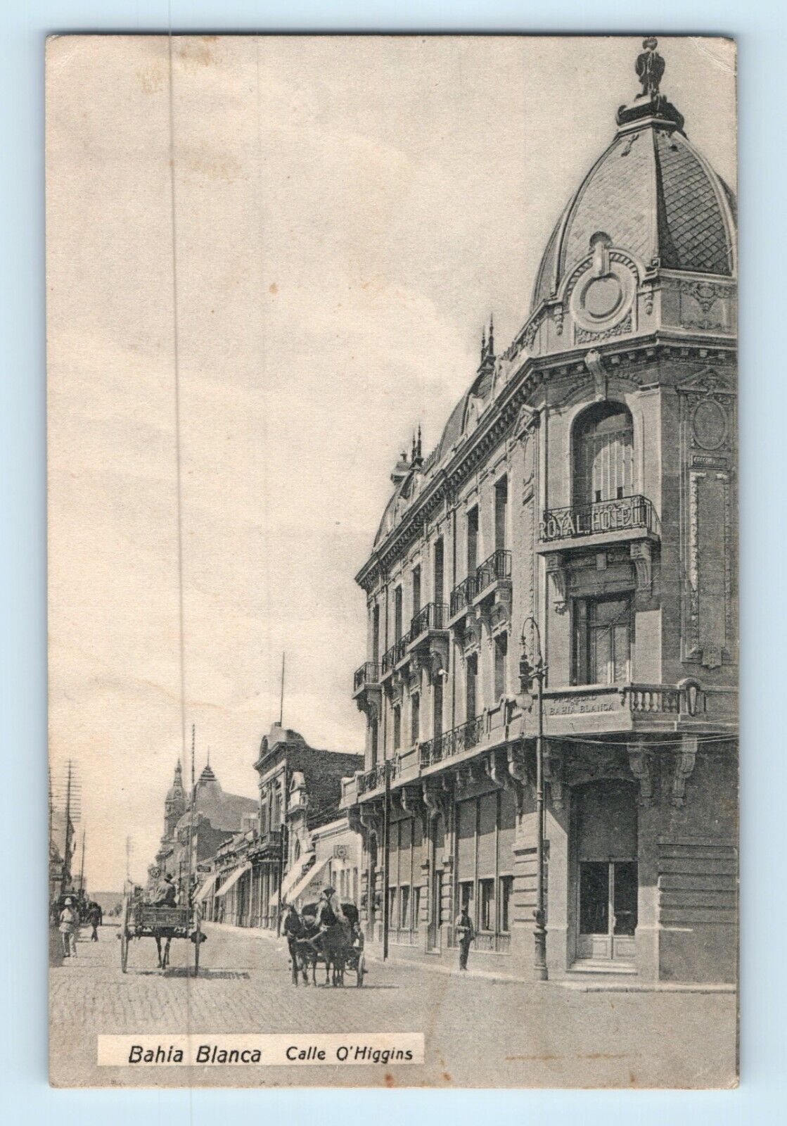 Argentina, BAHIA BLANCA Calle O\'Higgins Royal Hotel 1918 Horse Wagon Postcard A8