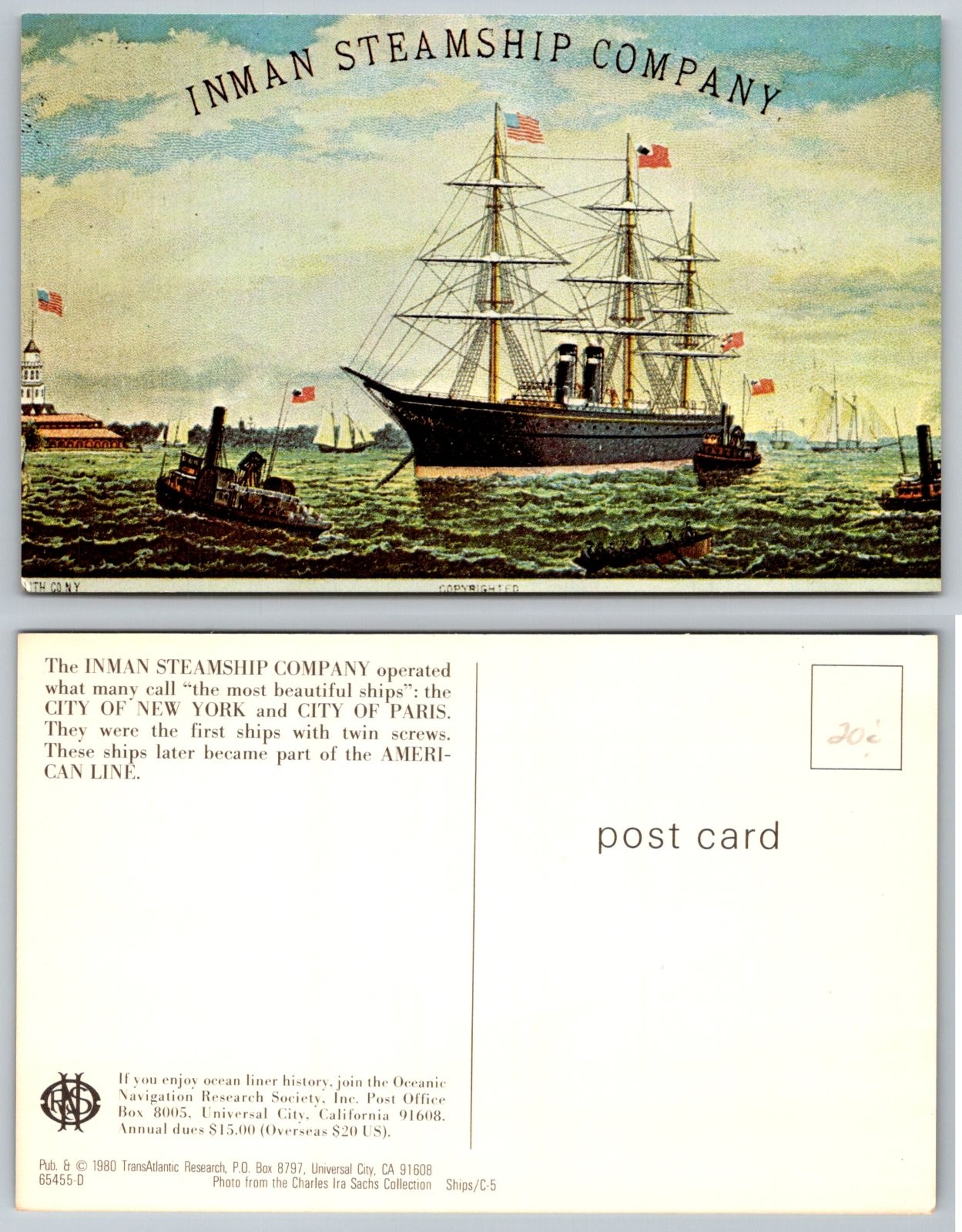 Inman Steamship Company City of New York City of Paris Ships Postcard