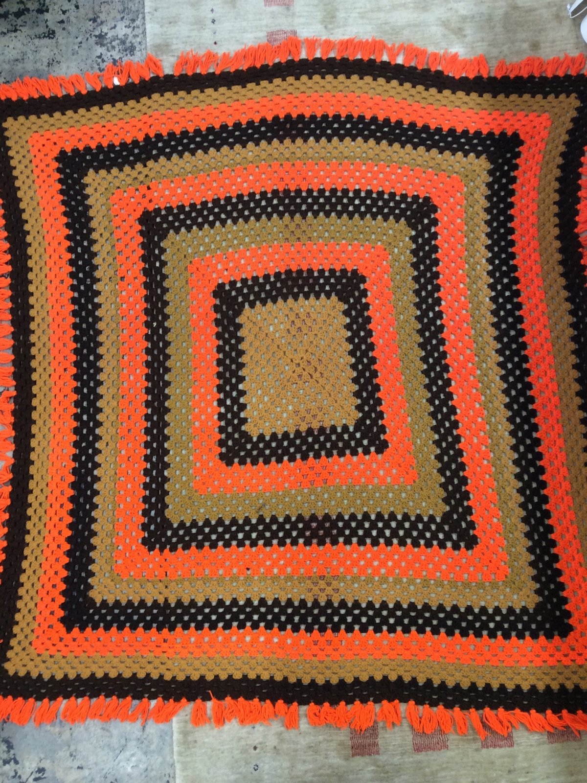 Vintage 1970s Handmade Afghan Throw Blanket Retro Period Piece 63x63” Orange