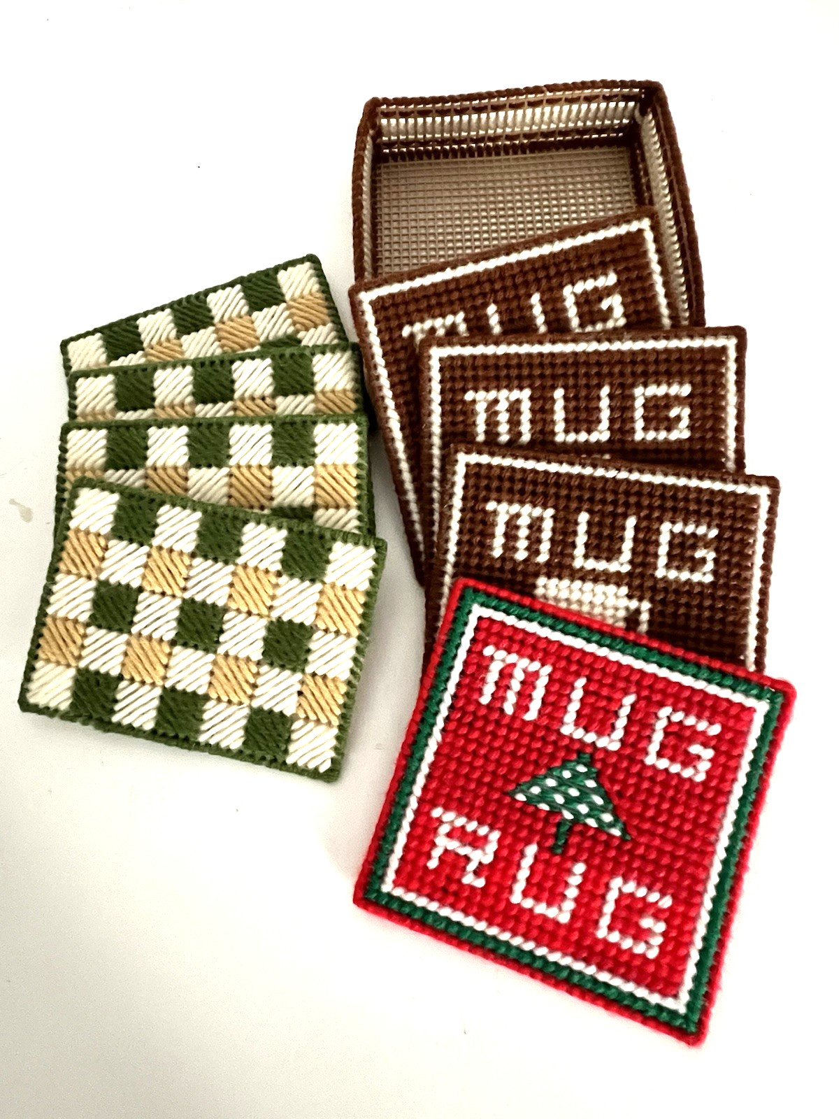 8 Vtg. Coasters Handmade Yarn Needlepoint Plastic Canvas & Holder 1970's