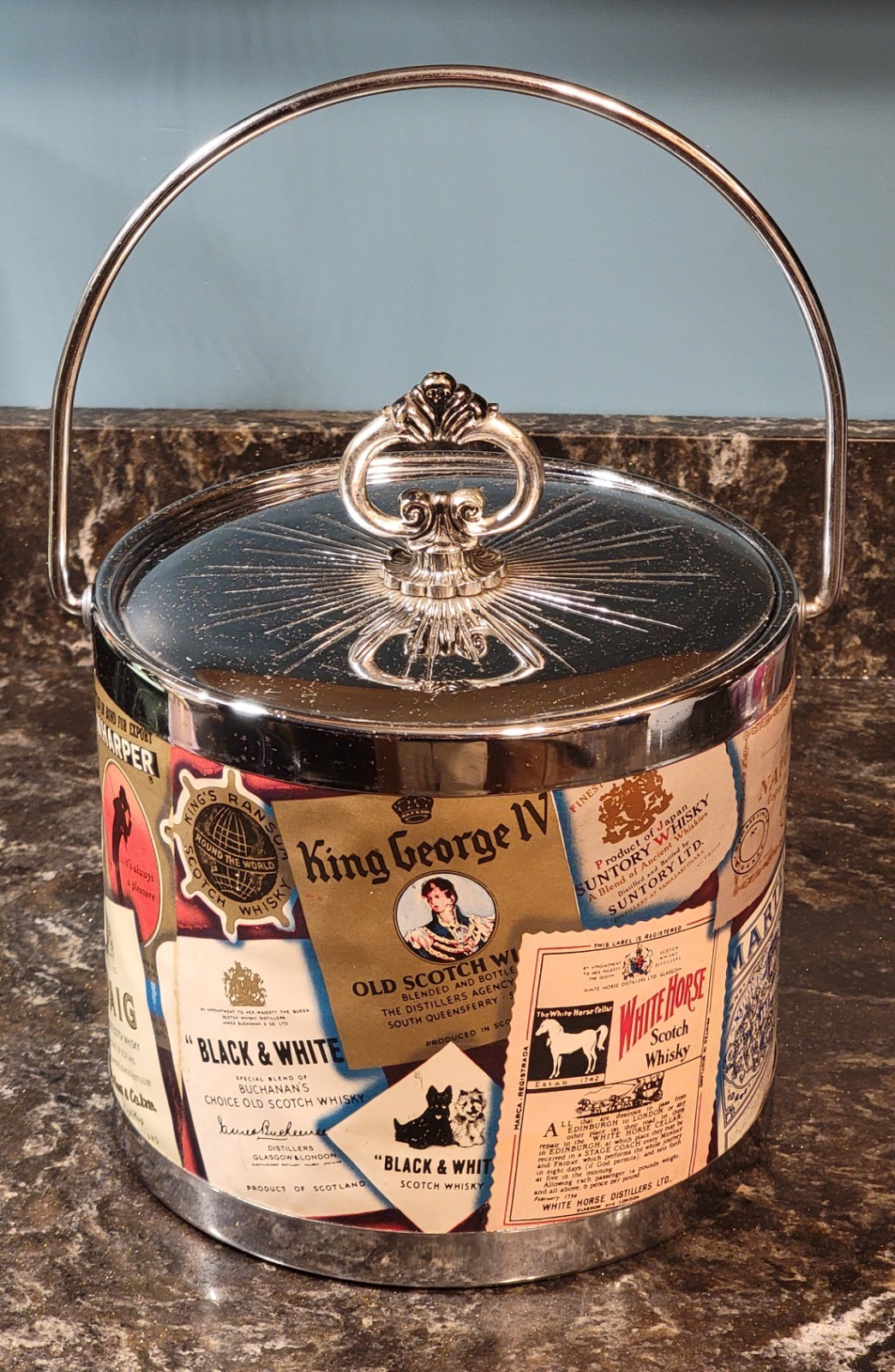 Vintage MCM Whiskey Themed Home Bar Chrome Thermo Lined Ice Bucket Cooler Vintage MCM Whiskey Themed Home Bar Chrome Thermo Lined Ice Bucket Cooler