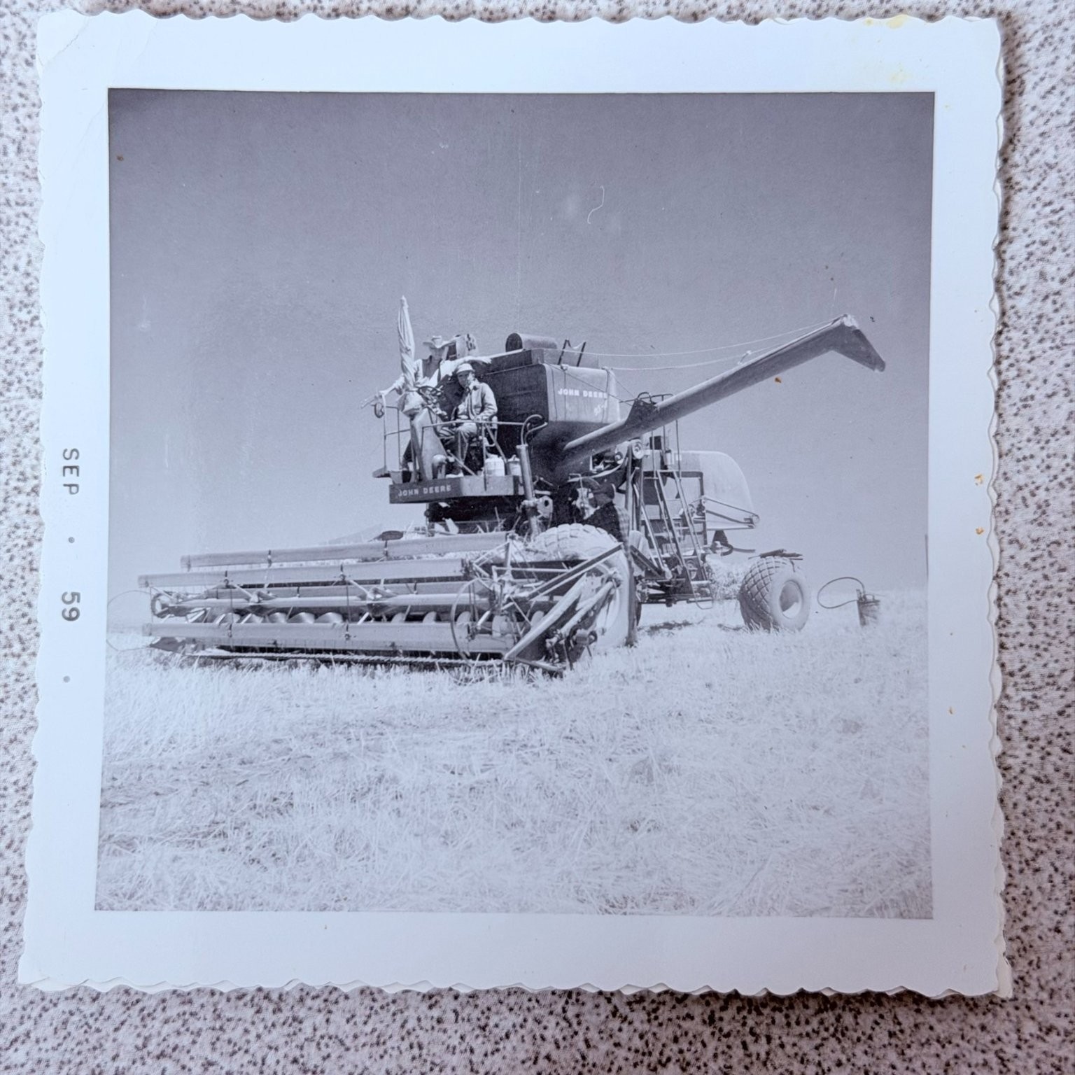 1959 John Deere Combine Harvester Snapshot Photograph Farming Field Men
