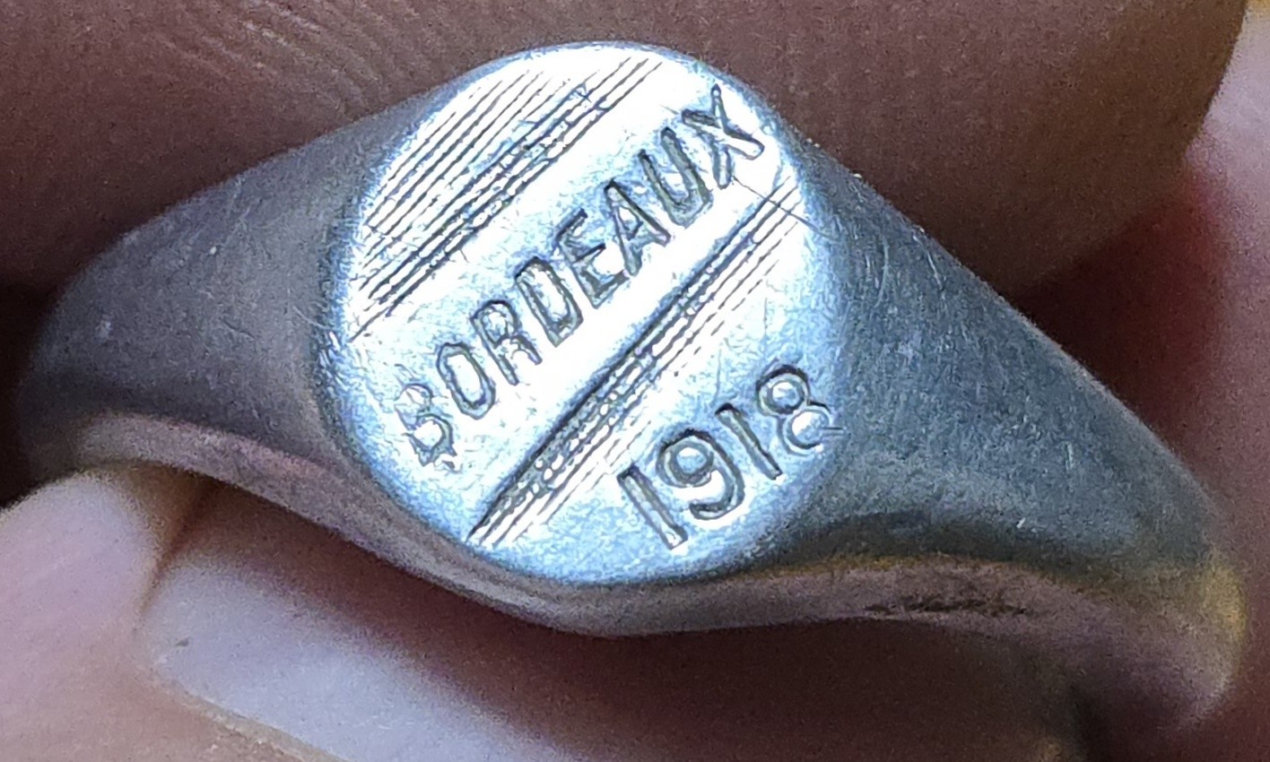 Rare 1918 WWI Military BORDEAUX France Etched Trench Art Airplane Aluminum Ring