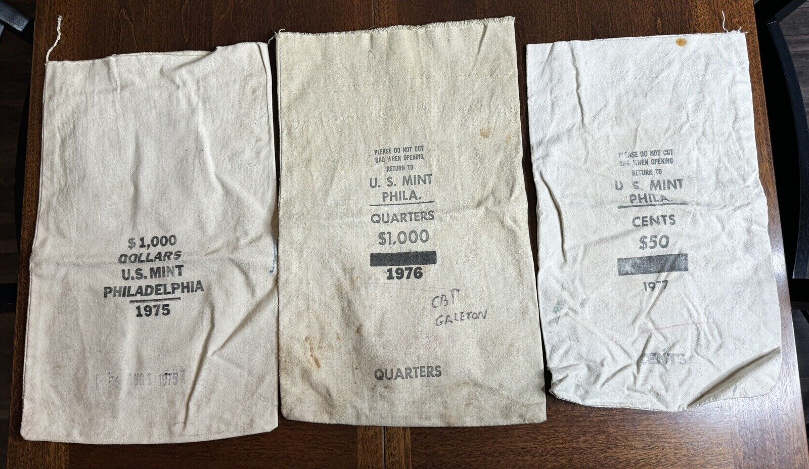 Lot of 3 U.S. MINT PHILADELPHIA EMPTY MONEY CANVAS BAGS 1975, 76, & 77 Dollars