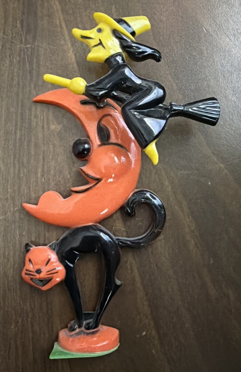 Vtg Rosbro Hard Plastic Halloween Spring Springy Witch Moon Black Cat *As Is* Vtg Rosbro Hard Plastic Halloween Spring Springy Witch Moon Black Cat *As Is*