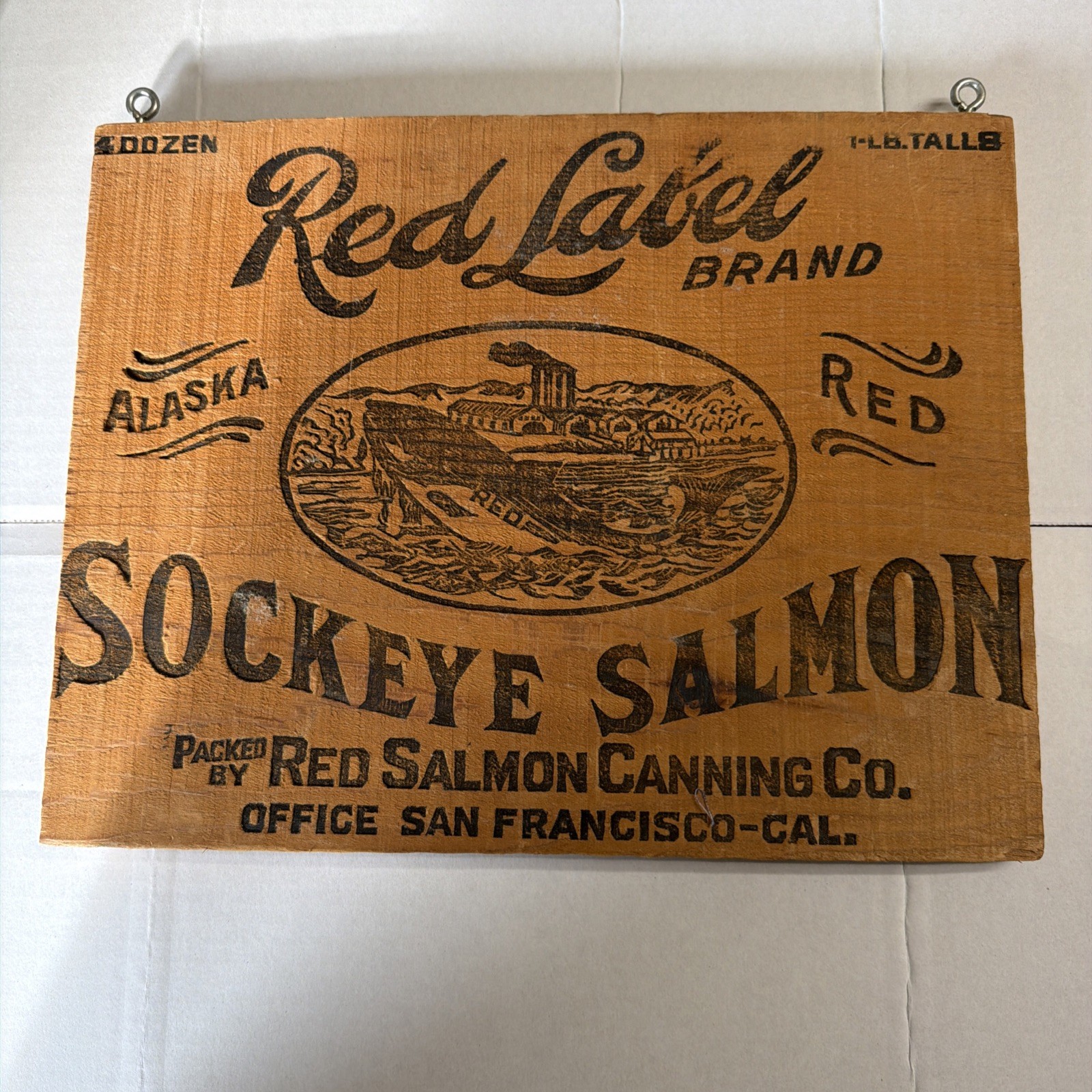 Vintage Red Label Salmon Alaska Wood Crate Shipping Box End 