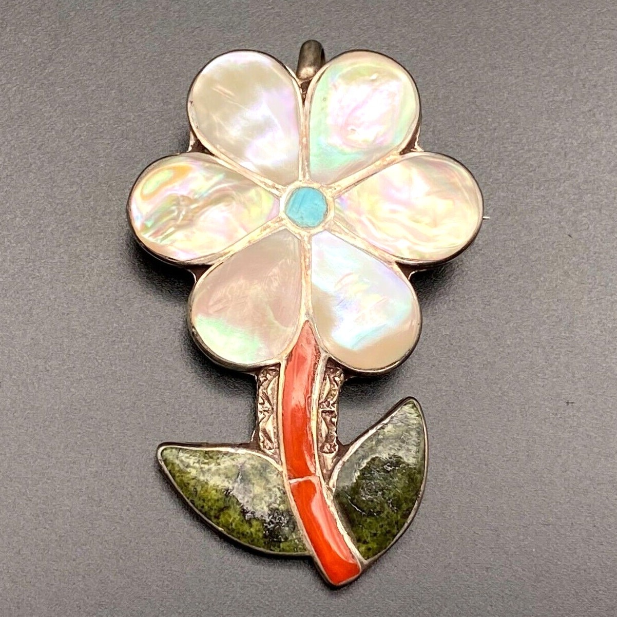 Vintage Zuni Pawn Porfilio Sheyka Flower Turquoise Coral Silver Brooch Pendant