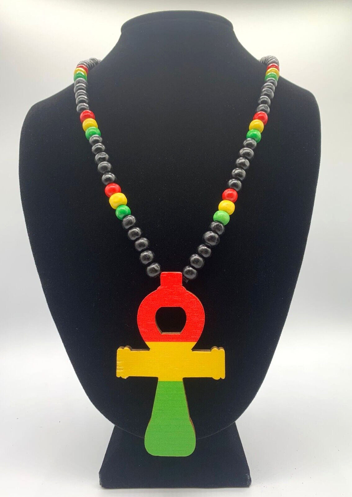 wooden ankh cross necklace rasta colors Egyptian protection religion beads wooden ankh cross necklace rasta colors Egyptian protection religion beads