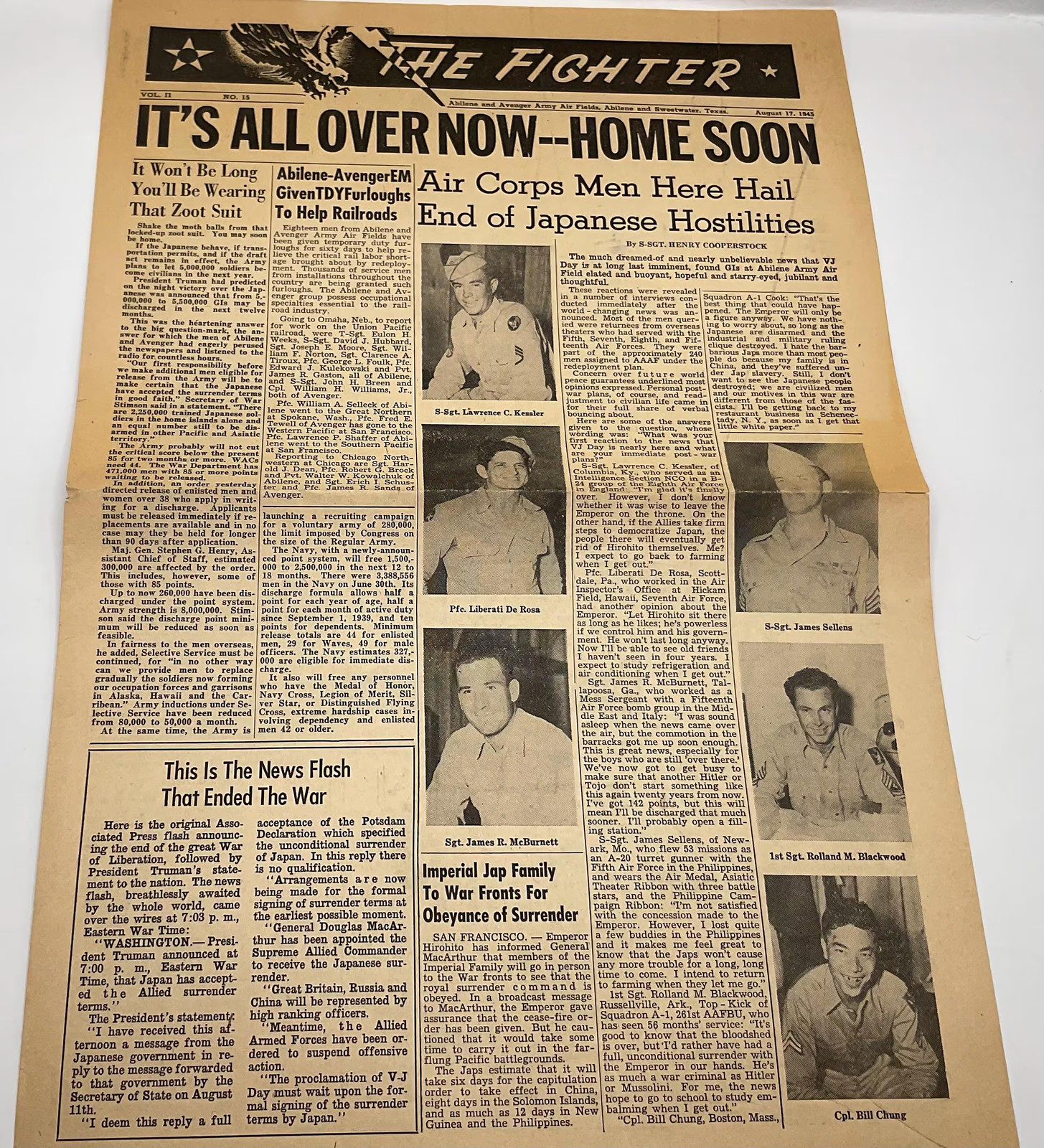 Original Vintage August 17 1945 VJ Day The Fighter Army Air Field Newspaper Tex