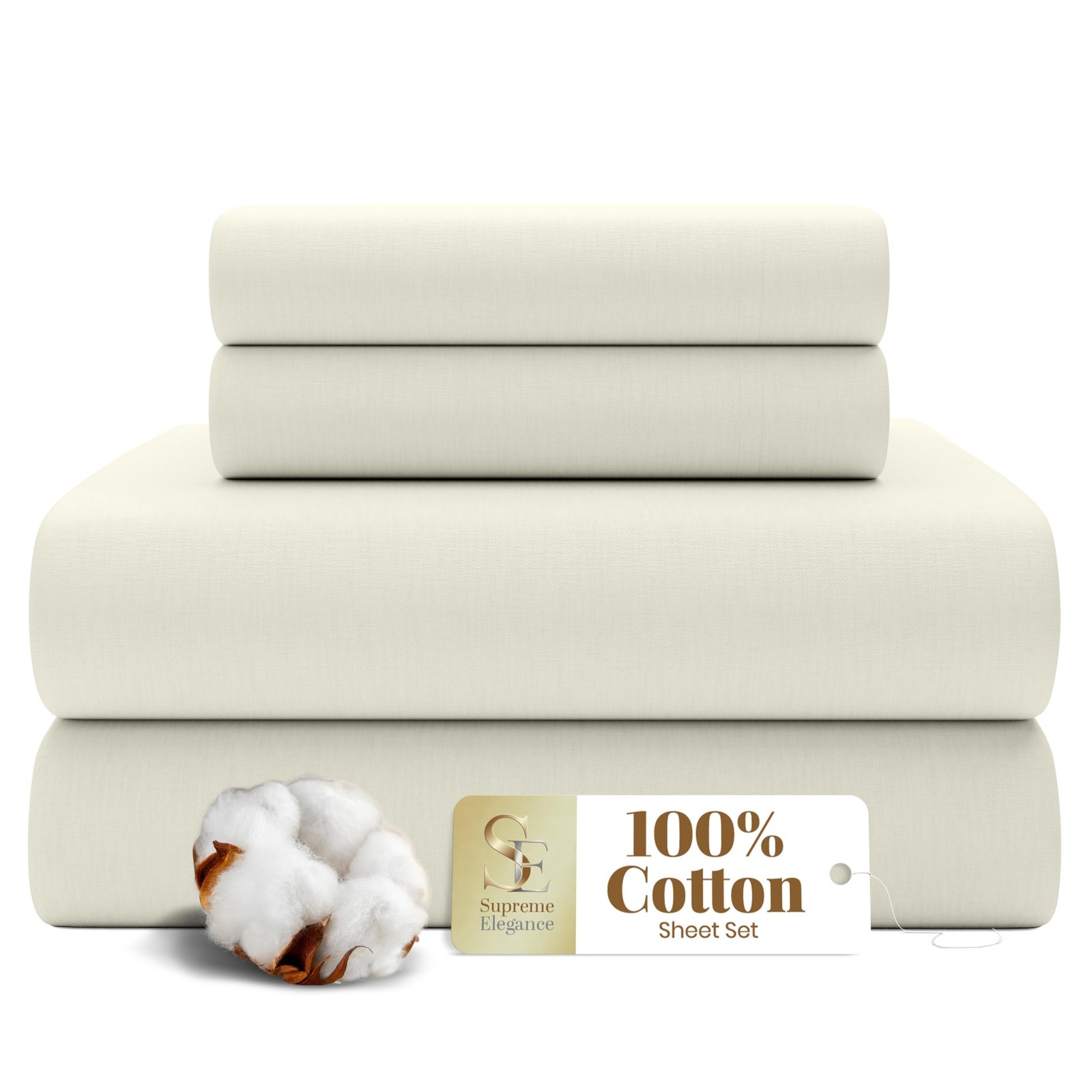 SUPREME ELEGANCE 4 Pc 100% Cotton King Size Sheets Set, Fresh Ivory, Percale ...