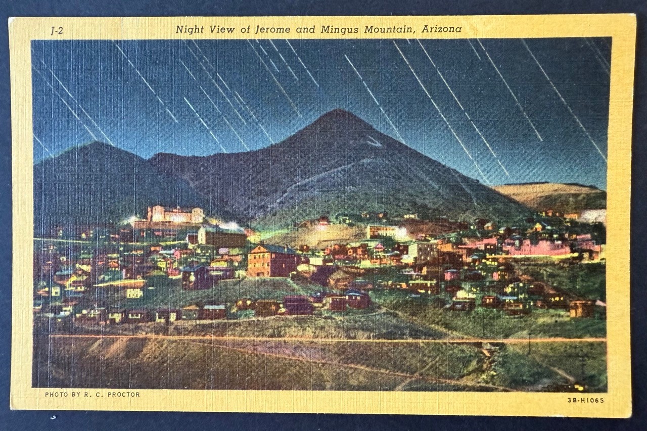 Vintage Jerome, AZ Postcard c.1943 Mingus Mountain Night View Proctor Lollesgard