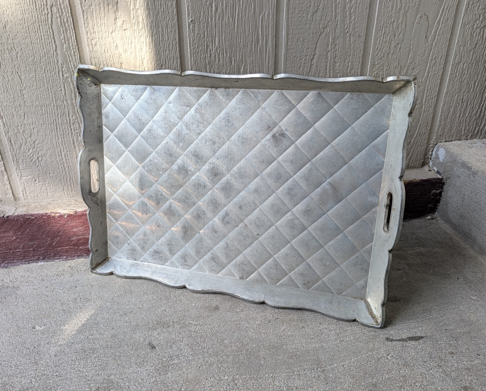 Vintage 1940s Mexican Art Deco Tin Over Wood Serving Tray Embossed Diamond 25\ Vintage 1940s Mexican Art Deco Tin Over Wood Serving Tray Embossed Diamond 25\