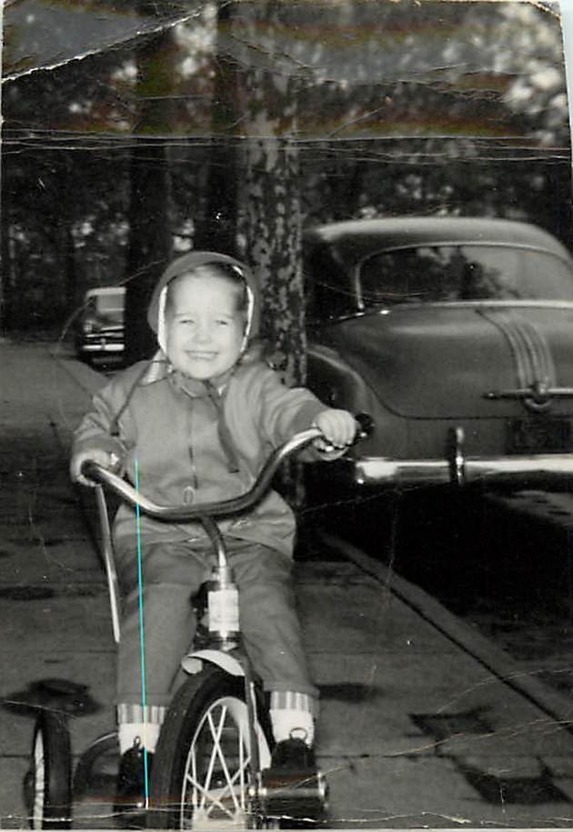 Little Girl On Tricycle Photograph Photo old Cars 2x3 1950s 10/1/56