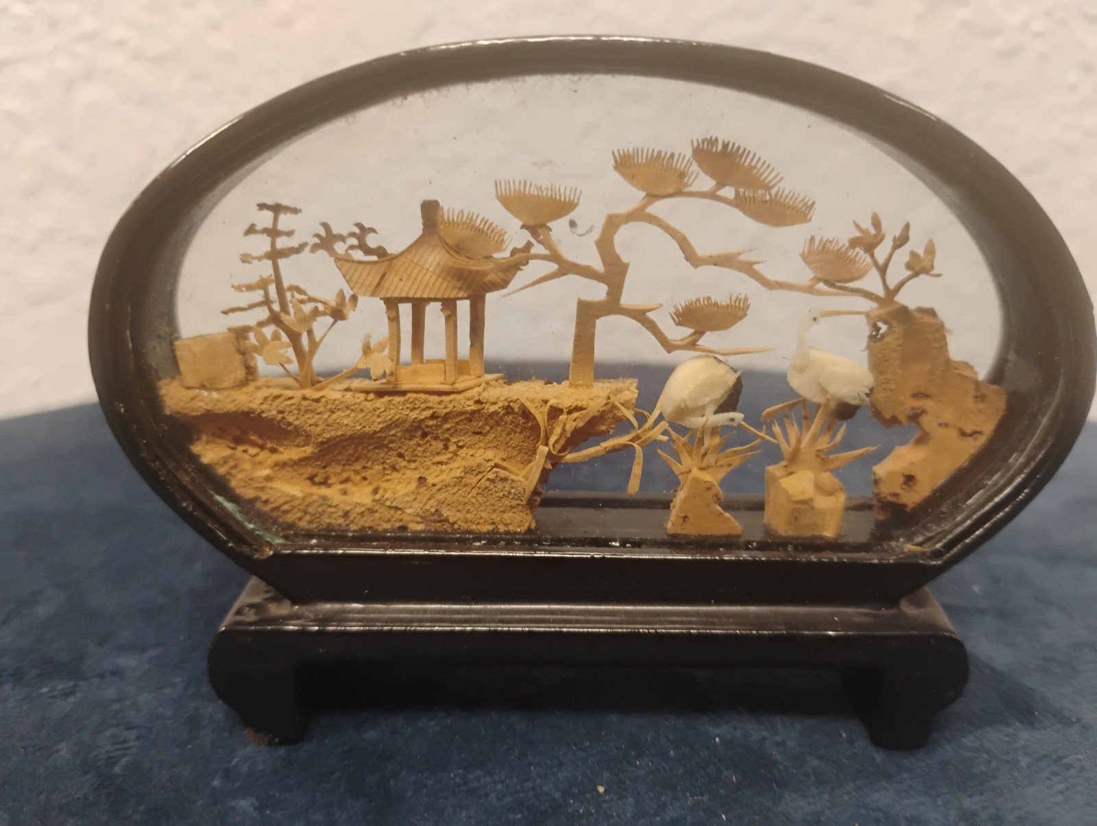 Vintage Chinese Carved Cork Diorama Scene Trees, Hut,Cranes