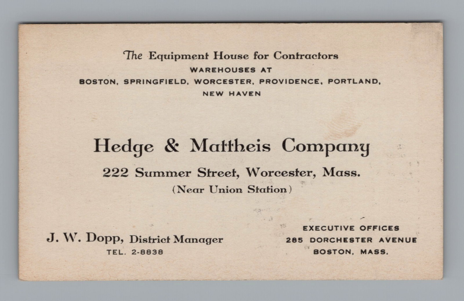 Vintage Hedge & Mattheis Co Worcester MA Business Trade Card Ephemera