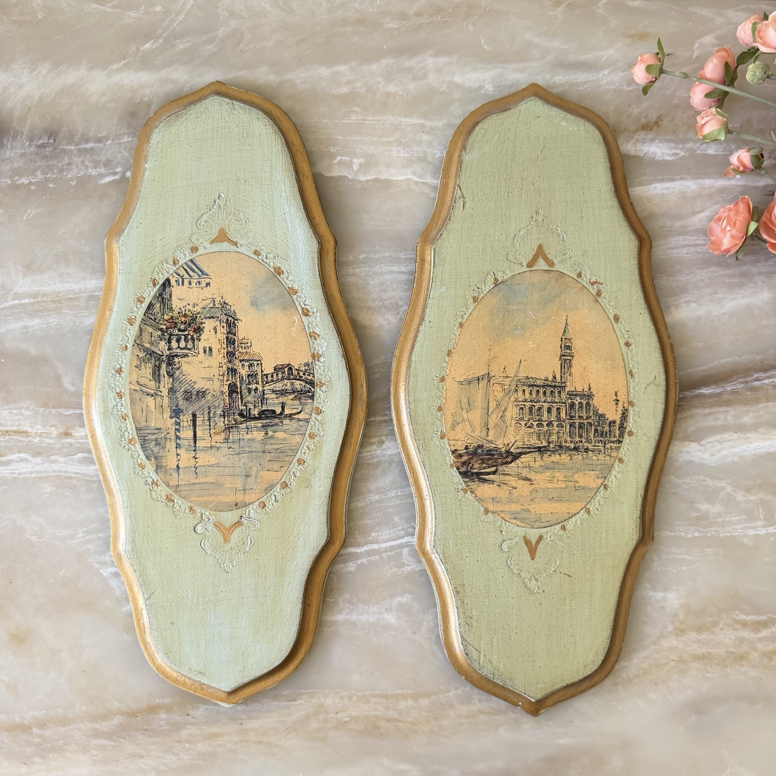 Vintage Set of 2 Italian Florentine Gilt Wood Plaques Vintage Set of 2 Italian Florentine Gilt Wood Plaques
