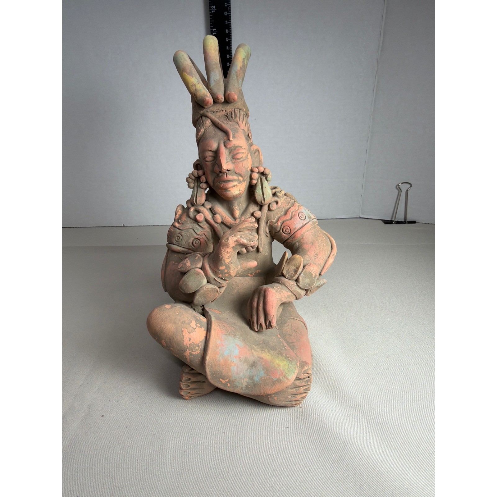 Vintage Mayan Seated Figure Terracotta Clay Statue Hecho en Mexico Folk Art 9.5 Vintage Mayan Seated Figure Terracotta Clay Statue Hecho en Mexico Folk Art 9.5
