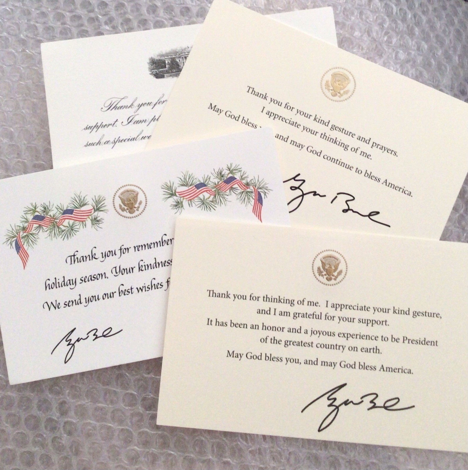 PRES GW BUSH WHITE HOUSE CARD X4 THANK U GOD BLESS AMERICA FLAG EAGLE REPUBLICAN